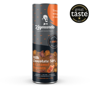 Zigmundo Mléčná čokoláda 50% & Karamel 250g tubus expirace